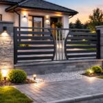Elegant black metal driveway gate with gold details and brick pillars in London