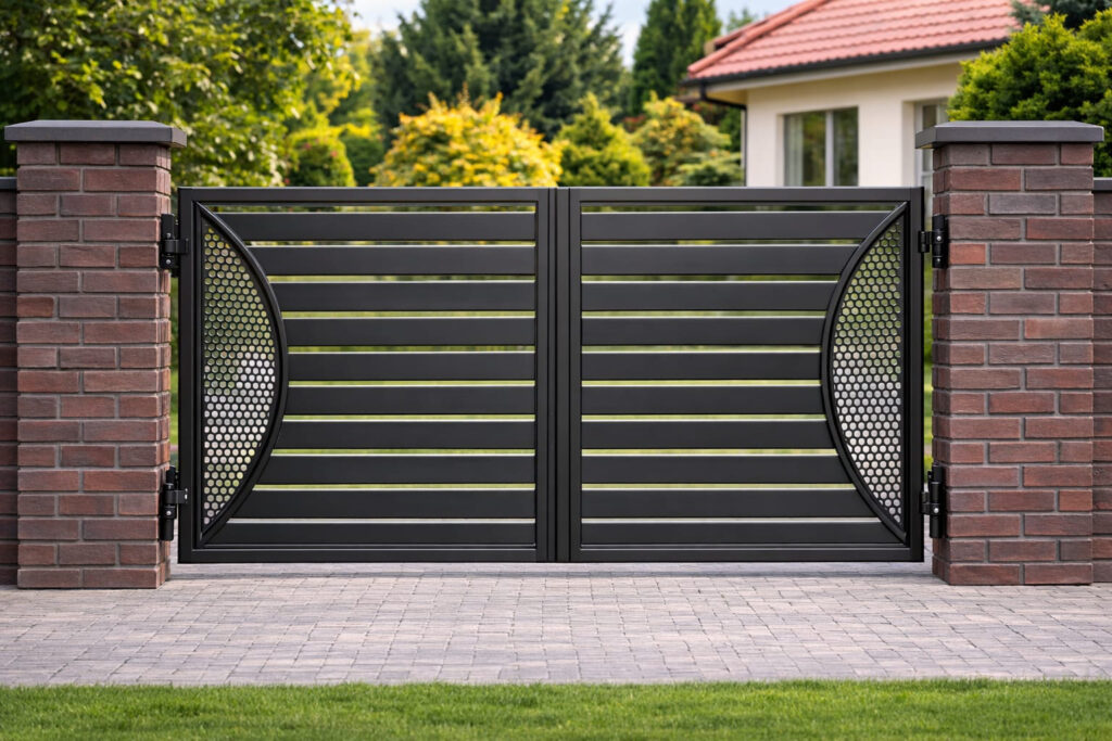 Modern black metal driveway gate with horizontal slats and decorative side details installed at a residential property in London.