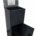 Modern black parcel delivery box with secure lockable storage compartment and top-loading access for safe home package deliveries.