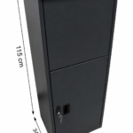 Modern black secure parcel and mail box with lockable storage compartment and delivery slot, showing dimensions for residential installation.