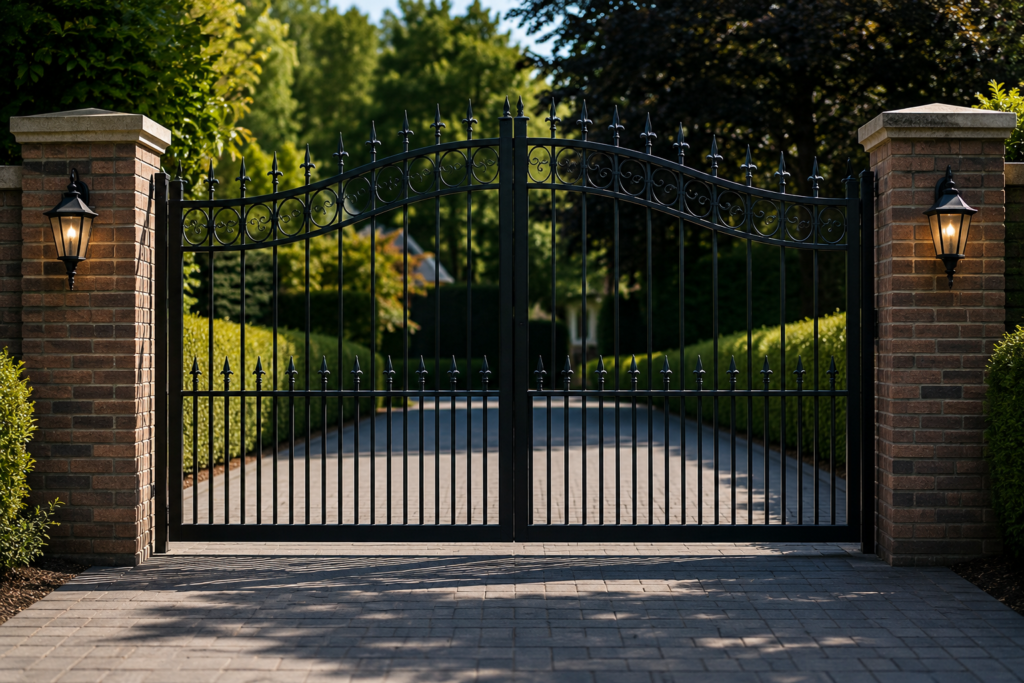 Black bespoke metal driveway gates with brick pillars and decorative gold details installed at a luxury London property