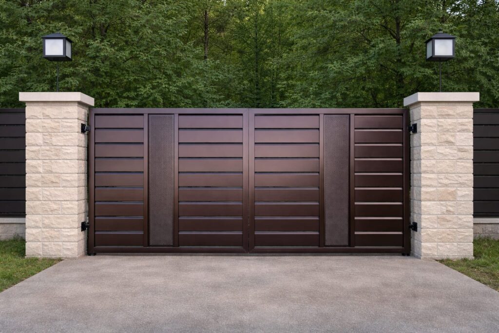 Modern bespoke metal driveway gate with stone pillars and contemporary horizontal panel design in London.